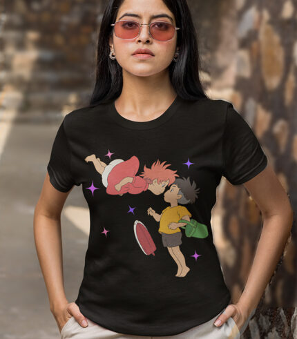 Ponyo Meet Sosuke | Gibli Studio - Women Black Regular Tshirt | GPB1